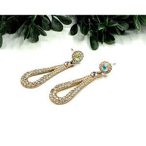 Clear Rhinestone Teardrop Dangle Earrings In Iridescent Gold